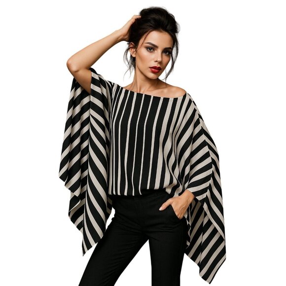 CCC Black White Chiffon Striped Cape Top Sleeveless City Chic Minimalist Styleco - Picture 1 of 9